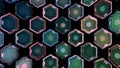 Slowly blinking hexagon figures of blue and green colors, seamless loop. Animation. Transparent shapes flowing in front