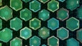 Slowly blinking hexagon figures of blue and green colors, seamless loop. Animation. Transparent shapes flowing in front