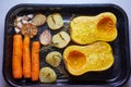 Slowly roasted seasoned and salted vegetables in the roasting pan. Royalty Free Stock Photo