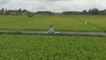 Slowmotion aerial shot of a young woman doing meditation for Muladhara chakra in a Balinese way