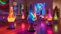 A slowmotion clip capturing the fluid movements of soundactivated lava lamps illuminating the room with swirling colors