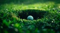 Slowmotion shot of a golf ball falling into a hole with a closeup view from within the hole Royalty Free Stock Photo