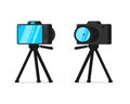 SLR camera on tripod stand front and back view. Digital DSLR photocamera on rack. Videographer or photographer equipment Royalty Free Stock Photo