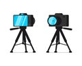 SLR camera on tripod stand front and back view set. Digital photocamera on rack. Videographer or photographer equipment Royalty Free Stock Photo