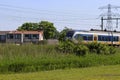 SLT sprinter local commuter train along the rail bridge at Kethel in schiedam Royalty Free Stock Photo