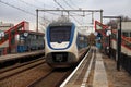 SLT train along platform of station Nieuwerkerk aan den IJssel Royalty Free Stock Photo