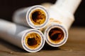 Sludge polypropylene plumbing pipes with rust and limescale. Corrosion and hard water concept. Rust broken water pipes