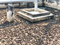 Sludge treatment in wastewater management system, flowing brown smelly liquid and drying in sludge bed, made it for fertilization