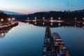 sluice of ittre in belgium just behind the Marina of ittre. industrial boat peniche transport of merchandise Royalty Free Stock Photo