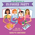 Slumber Party Birthday Invitation With Four Cute Girls Friends Vector Illustration. Ginger, Brunette, Blond And Brown