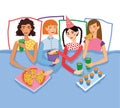 Slumber Party With Four Cute Girls Friends Vector Illustration. Ginger, Brunette, Blond And Brown Haired Girlfriends