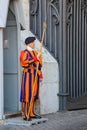 Slumbering handsome soldier of famous Pontifical Swiss Guard in bright striped uniform and beret is guarding Vatican city gate.