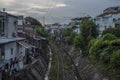 Slums by a rail track in Vietnam.