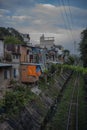 Slums by a rail track in Vietnam.