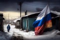 Slums of Russia. Old poor street wintertime.