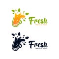 Slurpy natural fruit healthy juice bar logo icon with orange juice splash and green nature leaf Royalty Free Stock Photo