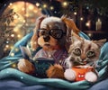 A sly cat and a kind dog read bedtime stories Royalty Free Stock Photo