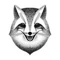 Sly fox smiles. black and white sketch for tattoo, poster, print or t-shirt. retro vintage hipster style. Liar, dodger