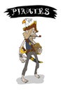Sly skinny pirate with a parrot, a chest and a pipe. Color illustration, suitable for a poster, t-shirt print, children`s printed