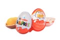 Slynchev Bryag, Bulgaria - May 24, 2023: Kinder Eggs and plastic capsule on white Royalty Free Stock Photo