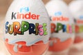 Slynchev Bryag, Bulgaria - May 25, 2023: Kinder Surprise Eggs on blurred background, closeup. Space for text