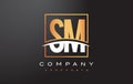 SM S M Golden Letter Logo Design with Gold Square and Swoosh.