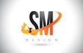 SM S M Letter Logo with Fire Flames Design and Orange Swoosh.