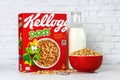 Smacks Kellogg\'s box with a red bowl of puffed wheat cereal and milk bottle Royalty Free Stock Photo