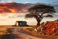 small abandoned house and tree in the savannah at sunset