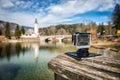 Small action camera filming nice landscape slow motion outdoors