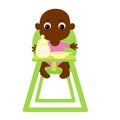 A small adorable baby African or African American sits in a highchair with a feeding bottle and a spoon and plate.
