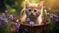 Small adorable cat in a basket