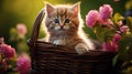 Small adorable cat in a basket