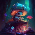 A small adorable colorful elven sitting under mushroom, on a rock in a colorful fantasy forest filled with fireflies and exotic