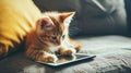 a small adorable kitten gazing curiously at a tablet with its tiny paws, evoking a heartwarming scene of domestic