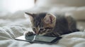 a small adorable kitten gazing curiously at a tablet with its tiny paws, evoking a heartwarming scene of domestic