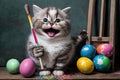 Happy Kitten Holding Easter Eggs and Paint Brush