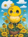 Small adorable yellow baby chick on sunflowers