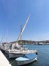 Small, adriatic fishing boats anchored in the Jezera port, small tourist place on Murter island, Croatia