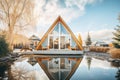 small aframe cabin by a lake with reflection Royalty Free Stock Photo