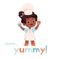 Small afro-american confectioner boy in a chefs hat and apron holds wonderful cakes in his hands. Funny poster with