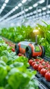 A small agricultural robot tends to ripe tomatoes inside a modern greenhouse, optimizing automated farming