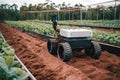 Small AI robot drone is working in a field farm, for agriculture technology concept.