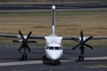 Small jet on the runway, front close-up view Royalty Free Stock Photo