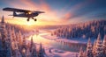 Small airplane flying over a snowy, illuminated winter forest and river at sunset Royalty Free Stock Photo