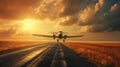 Small Plane Landing On Empty Road In Sunrise Aerial Stock Photo Royalty Free Stock Photo