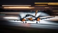 a small airplane is taking off from the runway at night Royalty Free Stock Photo