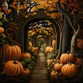 A small alley in the garden all around pumpkins vines trees leaves. Pumpkin as a dish of thanksgiving for the harvest Royalty Free Stock Photo