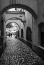 Small alley leading to the fish market in the center of Ljubljana Royalty Free Stock Photo