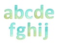 small alphabet of golden turquoise teal water cyan letters a b c d e f g h i j Royalty Free Stock Photo